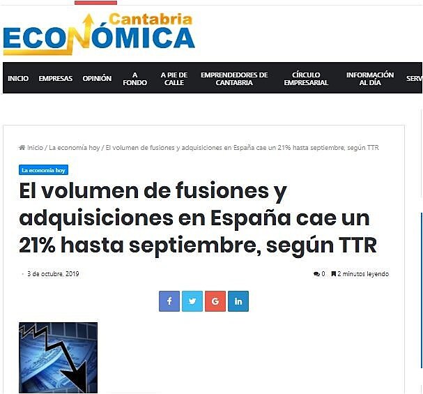 El volumen de fusiones y adquisiciones en Espaa cae un 21% hasta septiembre, segn TTR